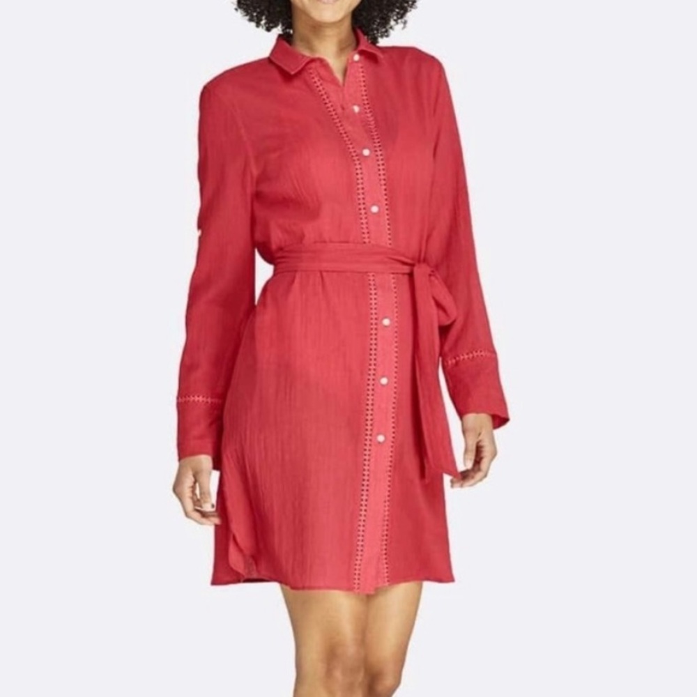 Draper James x Lands End Button Up Embroidered Shirt Dress Swim Cover Up